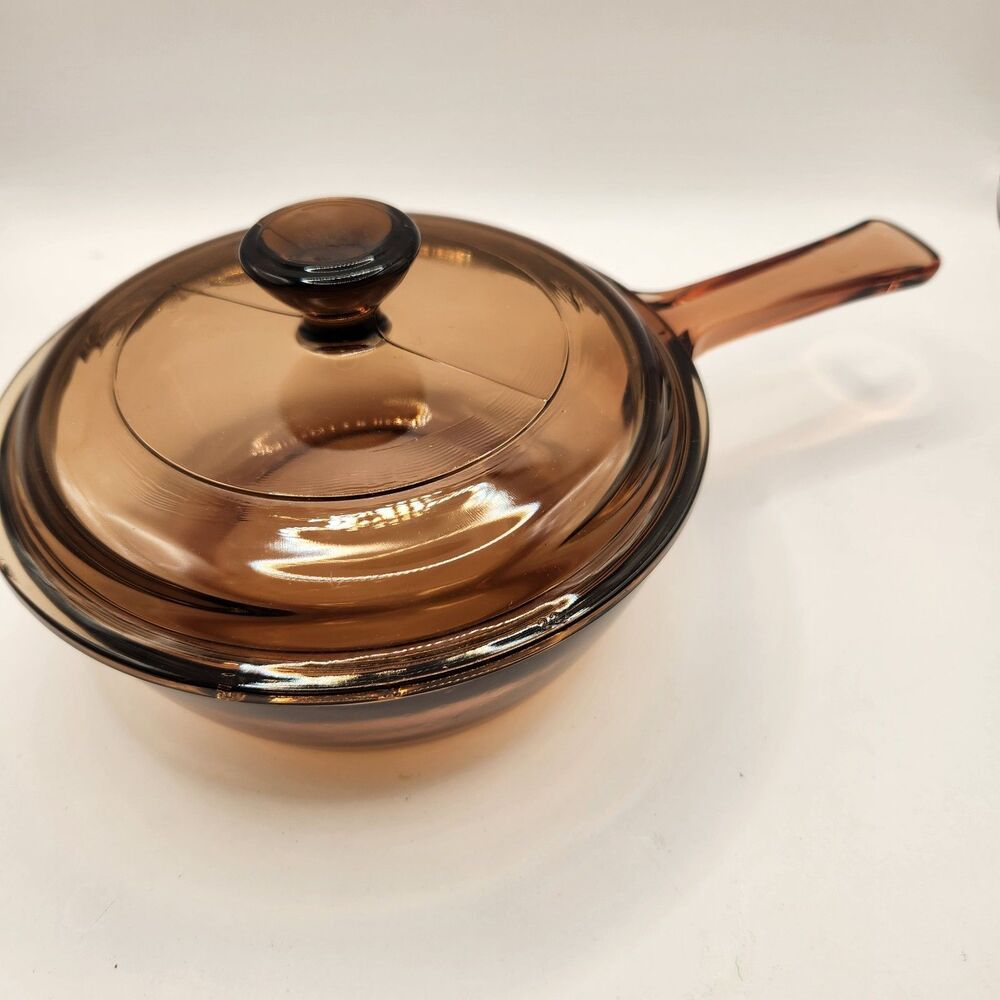 Visions Corning Ware Pyrex Glass .5L Sauce Pan Cookware Brown Amber & Lid P81C